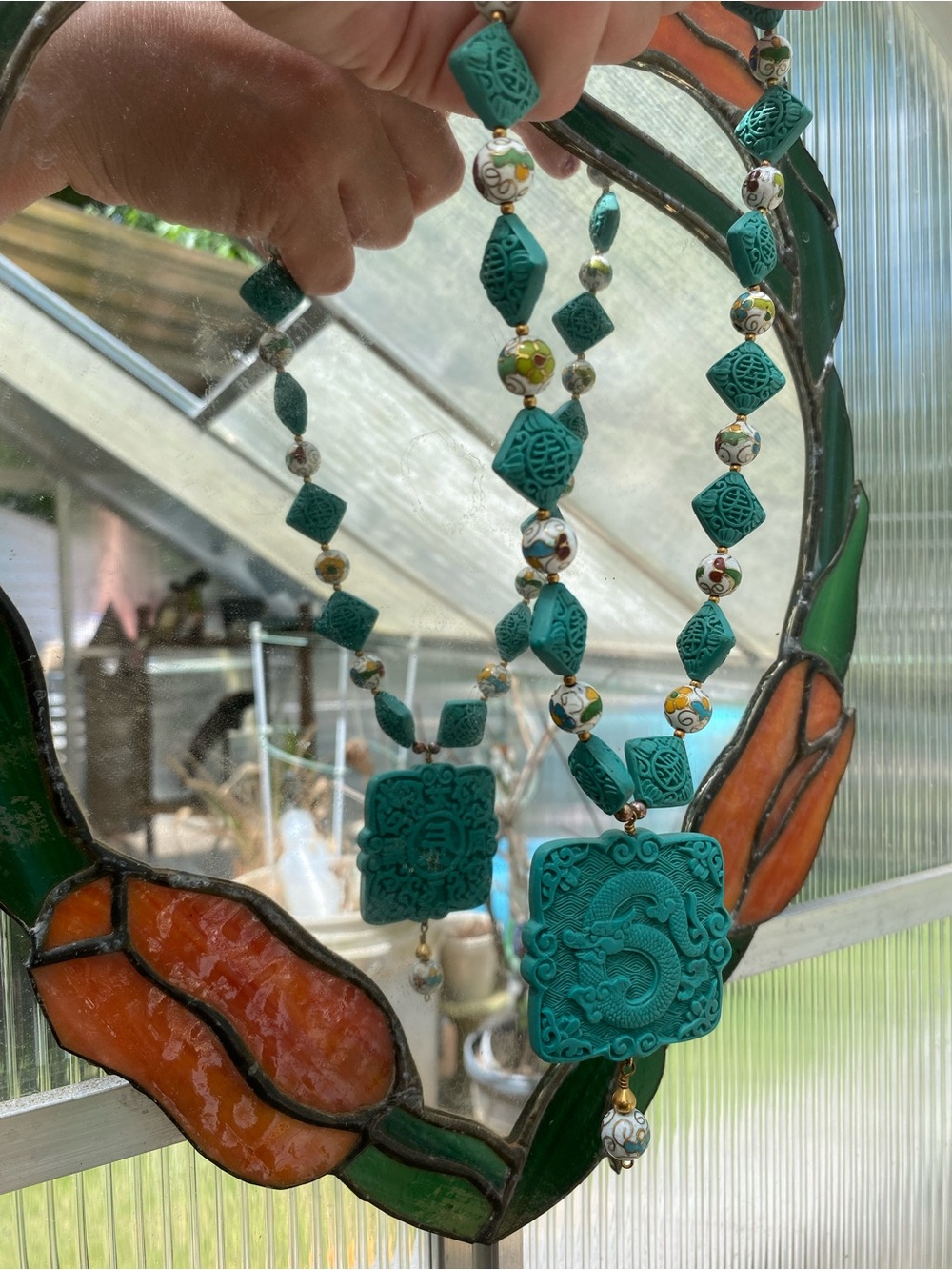 Handcrafted Carved Turquoise f Cinnabar Dragon Pendant, Shou, Cloisonné Necklace - Picture 12 of 15